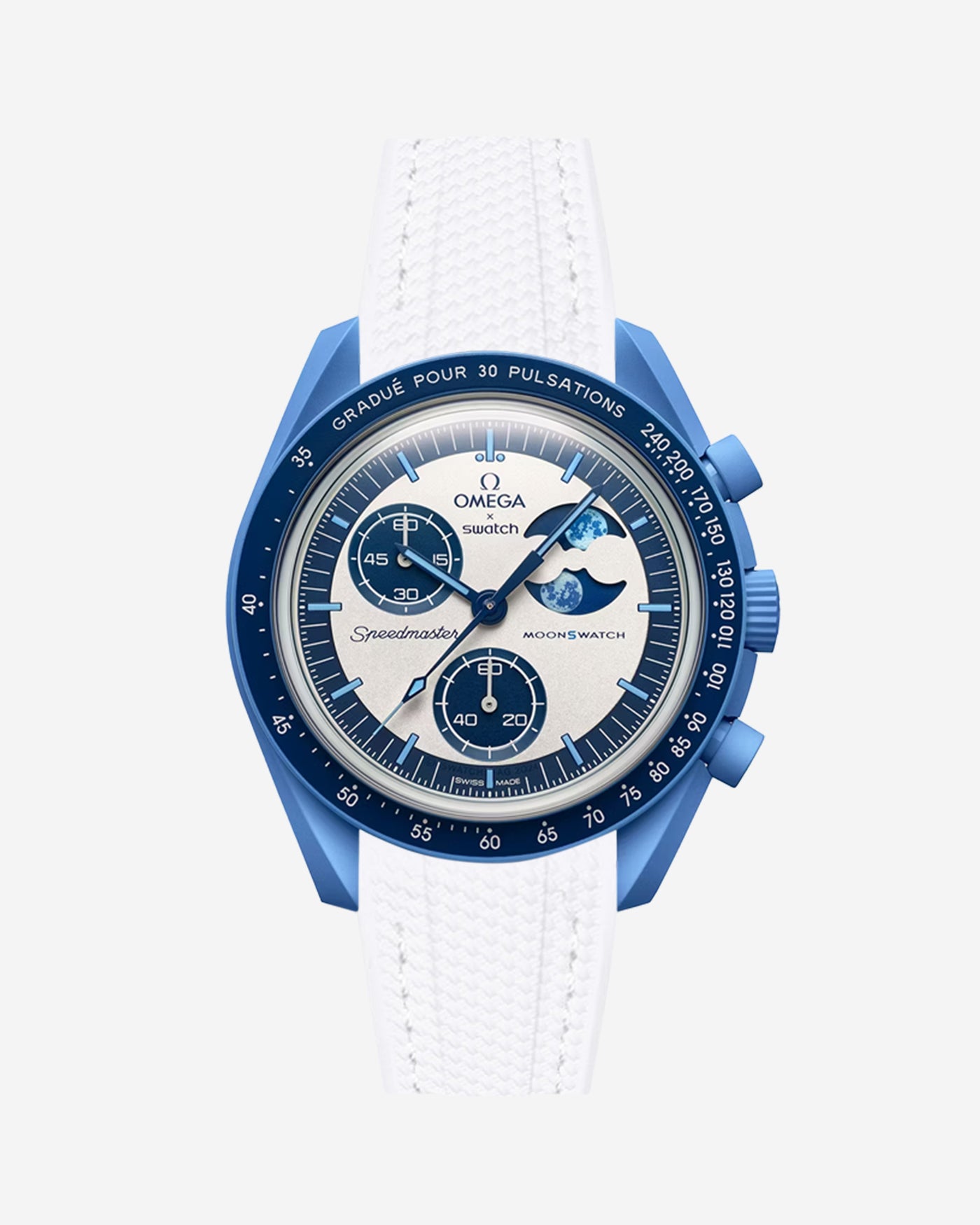 Blue Omega X Swatch MoonSwatch Mission to the Super Blue Moonphase with a white vertech rubber watch strap and a with detailed face on a white background
