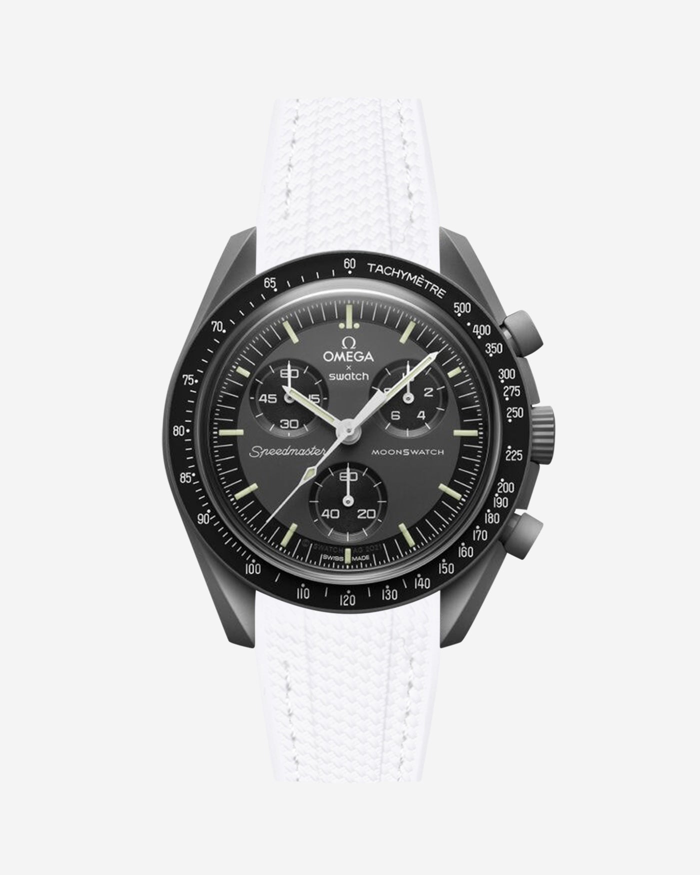 Black Omega  X Swatch Mercury  watch with detailed face on a white background