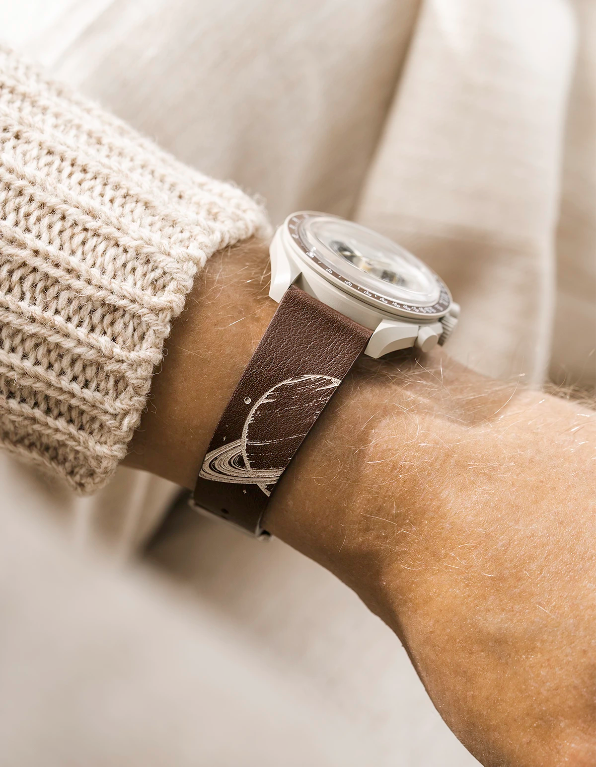 Calfskin Strap for MoonSwatch Mission to Saturn – Wristbuddys x REM side wrist shot