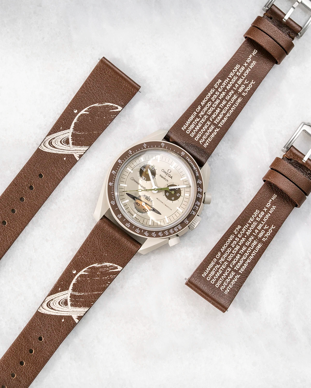 Calfskin Strap for MoonSwatch Mission to Saturn – Wristbuddys x REM flatlay with watch
