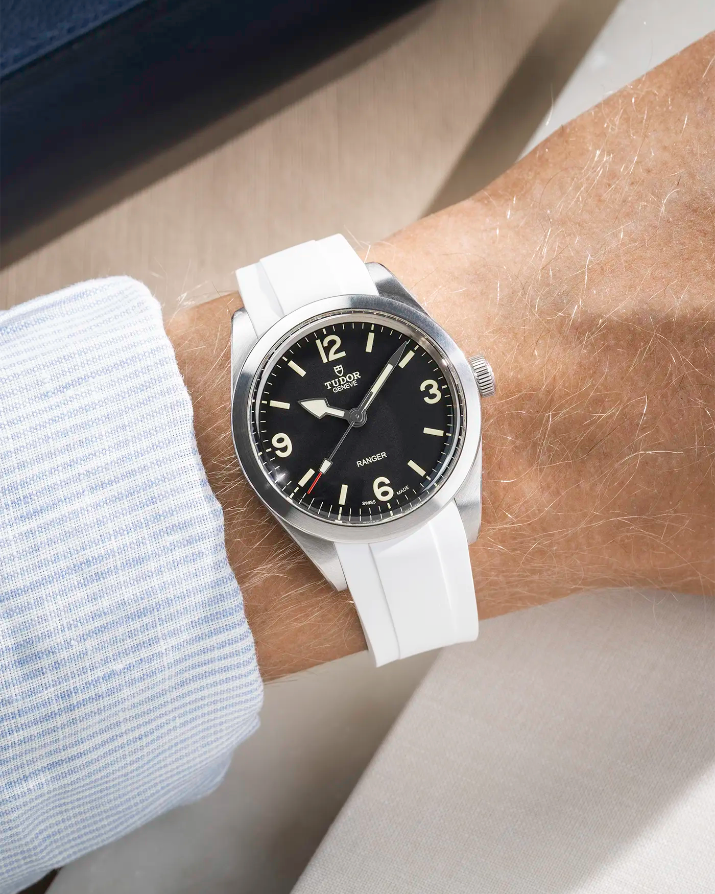 Wrist shot with shirt on white Rubber Strap for Tudor Ranger 39mm