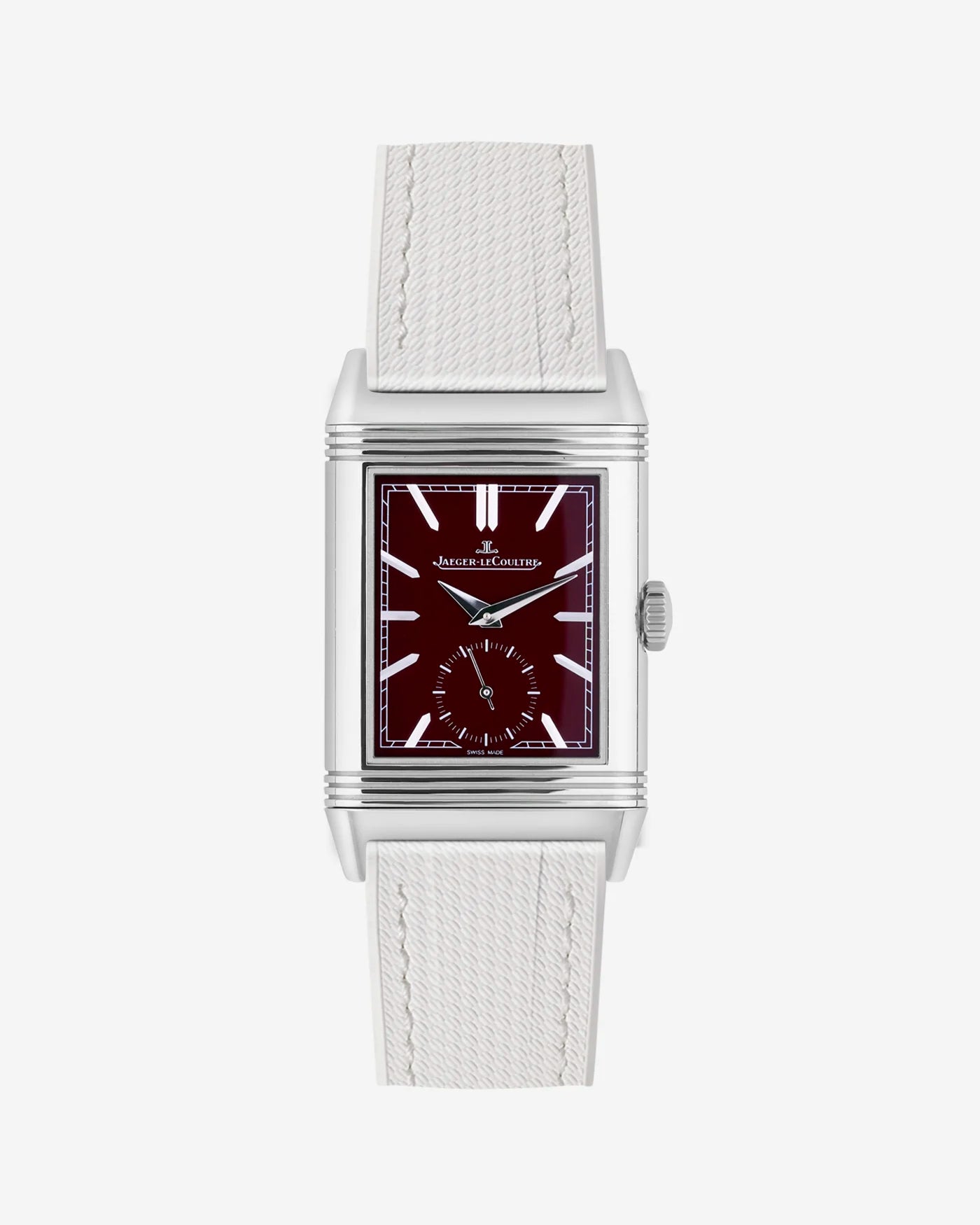 White FKM rubber strap mounted on Jaeger LeCoultre Reverso watch 20mm with polished buckle, front-facing image