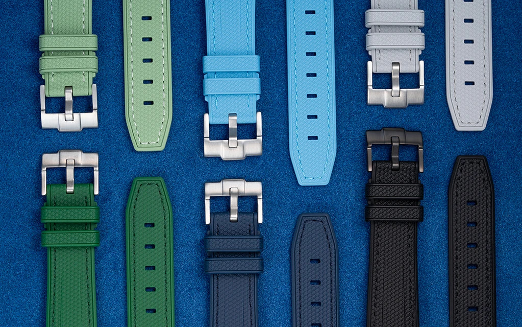 Wristbuddys discount code philosophy shown with premium rubber watch straps in various colors including green, blue, grey and black