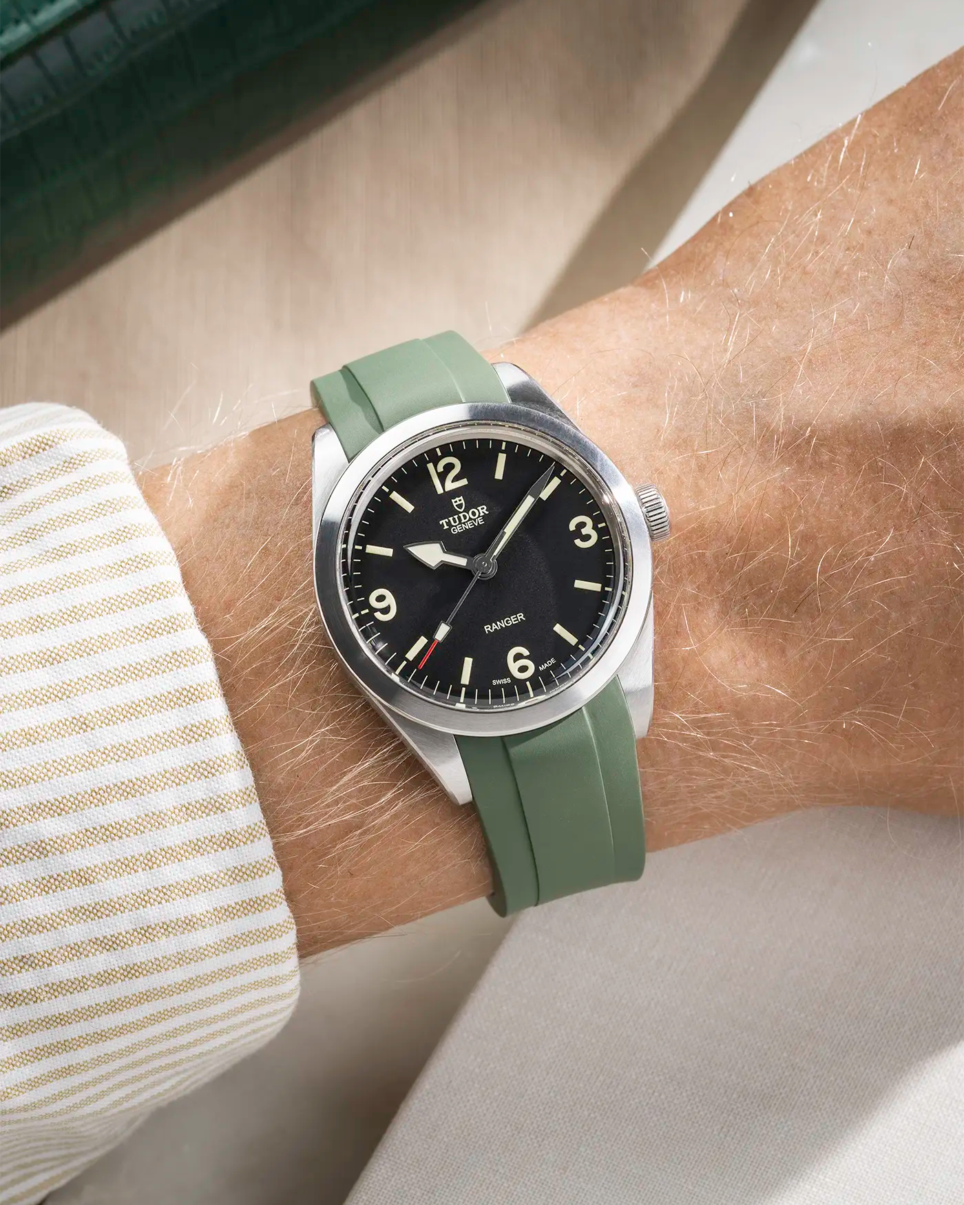 Green Rubber Strap for Tudor Ranger 39mm wrist shot with shirt