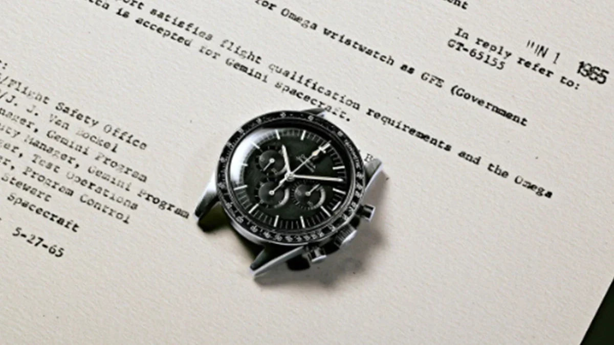 Omega Speedmaster on a NASA qualification document from 1965, hinting at the legacy behind Mission to 1965 and the new MoonSwatch release.