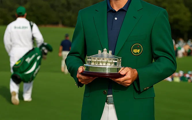 Rory McIlroy wearing Masters green jacket holding trophy, with Omega Speedmaster Silver Snoopy Award