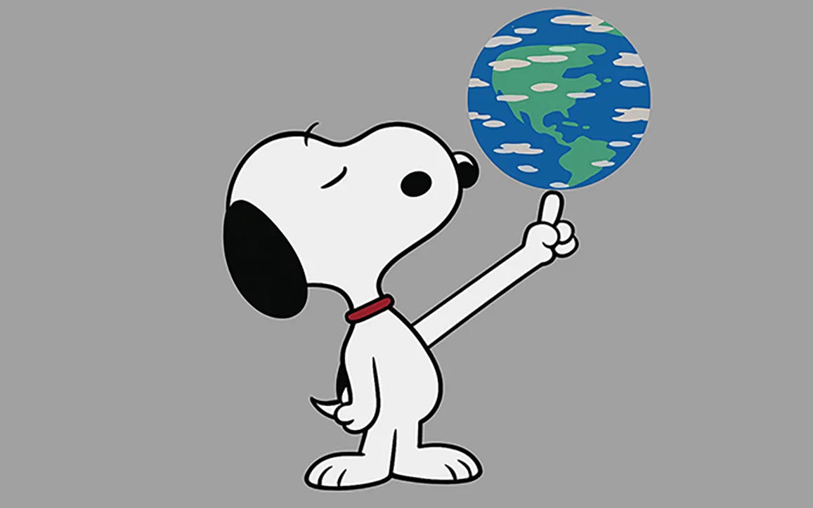 Illustration of Snoopy spinning Earth, teaser for upcoming Snoopy Earthphase MoonSwatch release