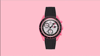 Translation missing: en.Where-to-buy-MoonSwatch-Mission-to-the-Pink-Moonphase–product-photo-showing-the-watch-with-black-strap-on-pink-background