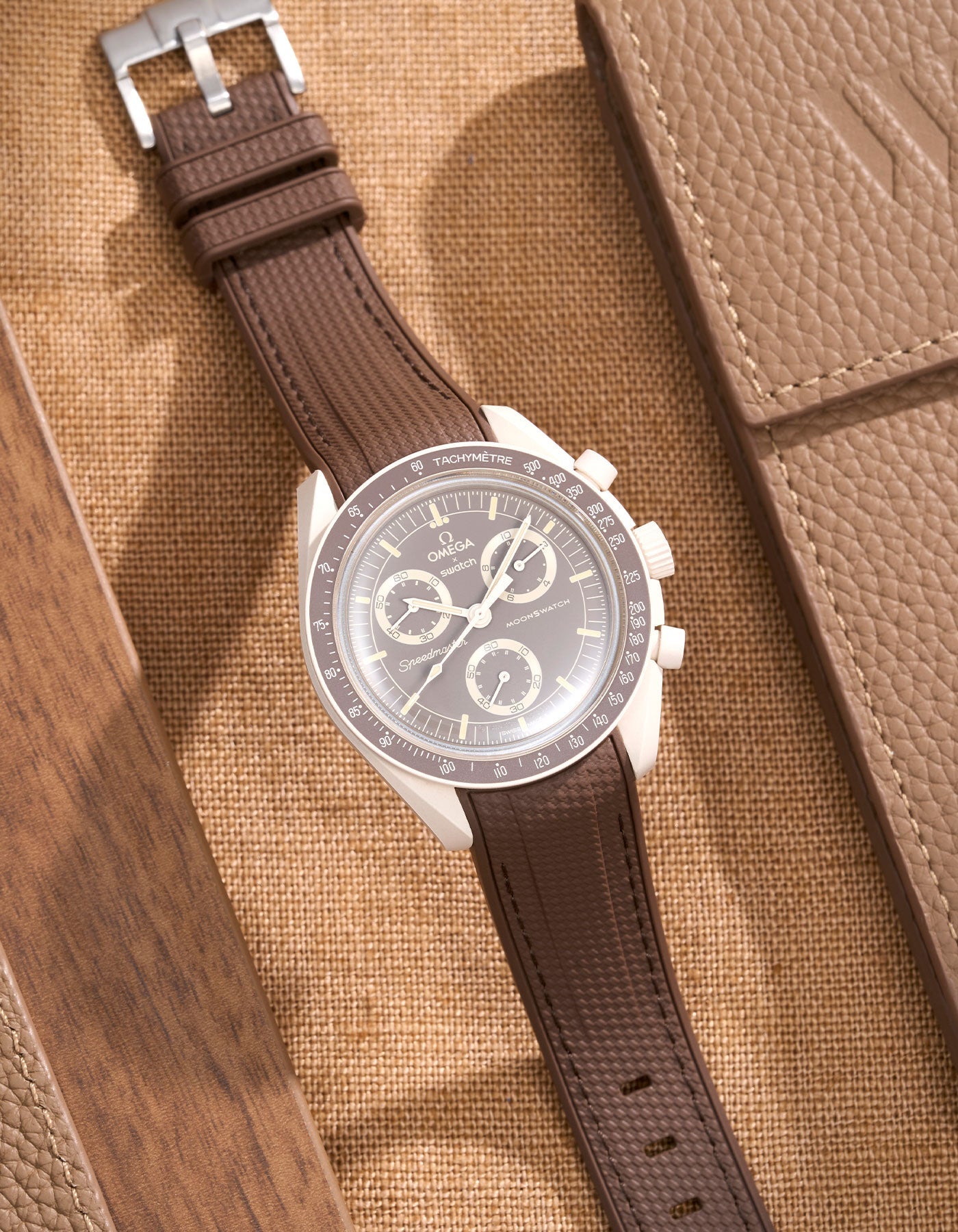 Omega X Swatch MoonSwatch Mission On Earth - Desert with a Straps Premium Brown Rubber strap