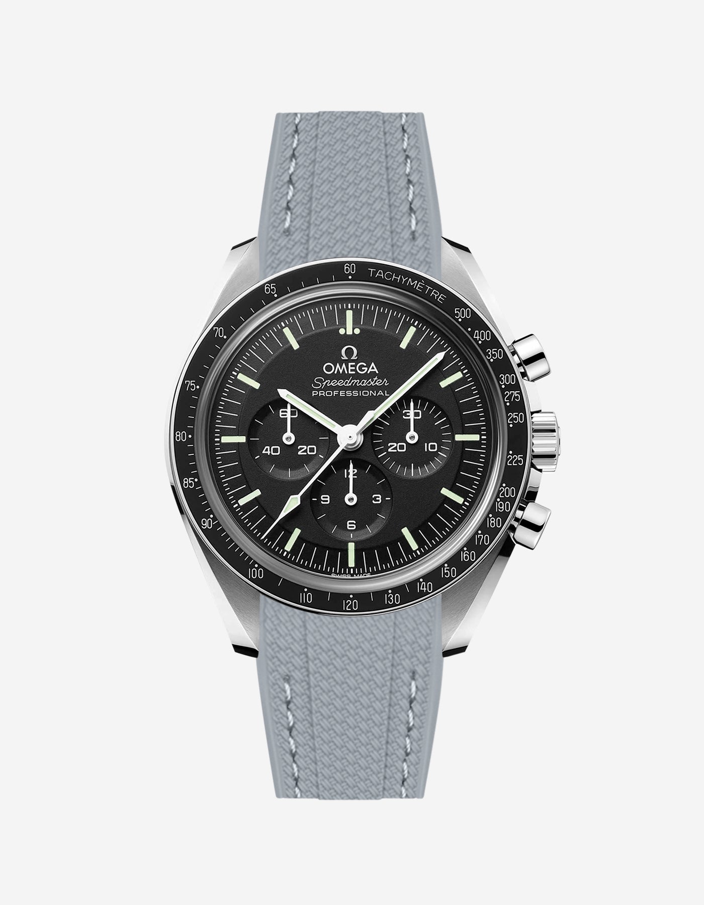 dark grey vertech rubber watch strap on Omega Speedmaster