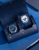 Two luxury watches displayed in an open Navy blue 2 Slot Watch Roll, featuring a premium suede interior for secure and stylish protection.