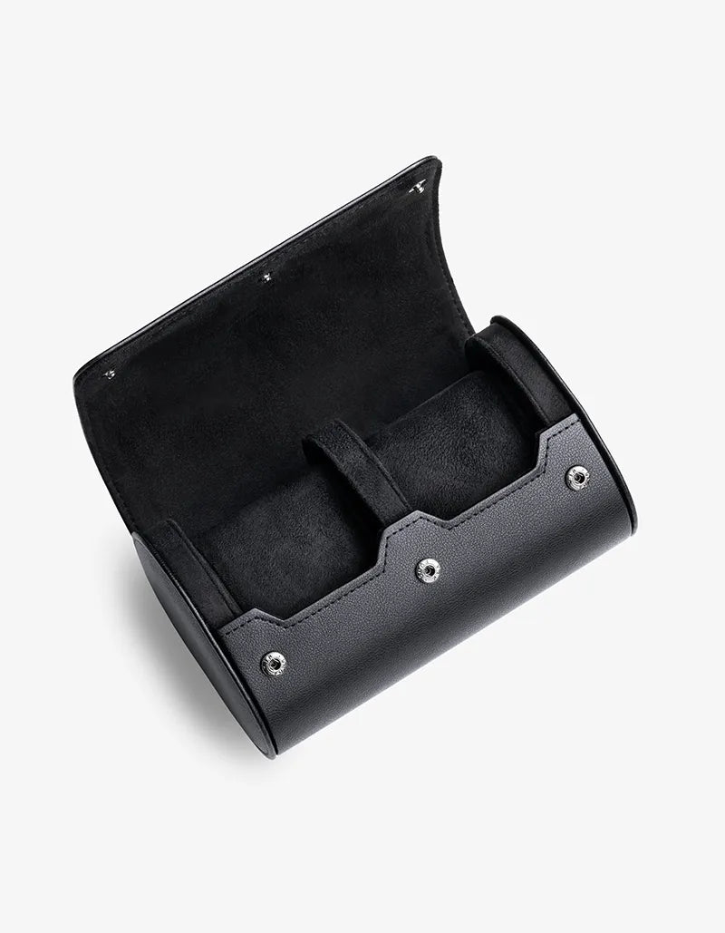 Interior of the 2 Slot Watch Roll in Black with soft suede lining and secure compartments for two watches.