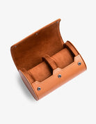 Interior of the 2 Slot Watch Roll in Brown with soft suede lining and two secure compartments for watches.