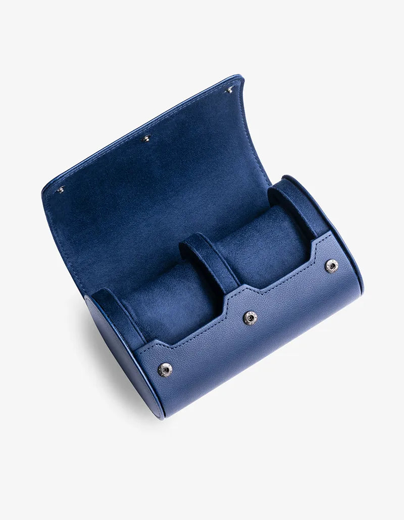 Interior of the 2 Slot Watch Roll in Navy Blue with soft suede lining and secure compartments for two watches.