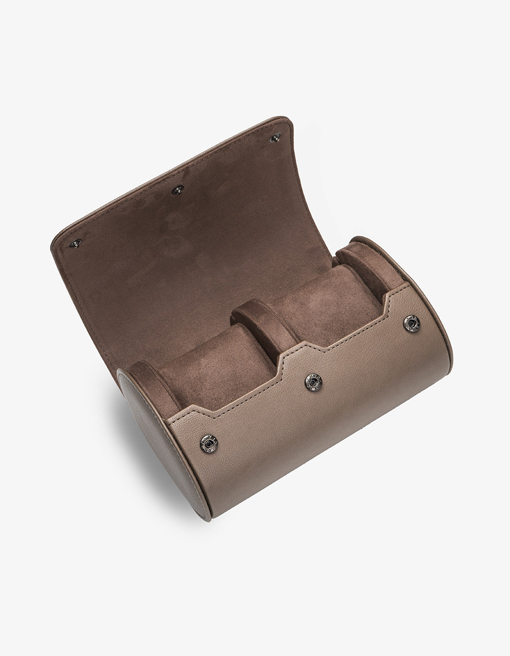 Taupe leather watch roll with two compartments on a white background