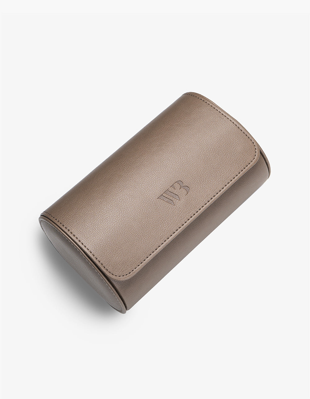 Taupe watch roll case with a WB logo on a white background