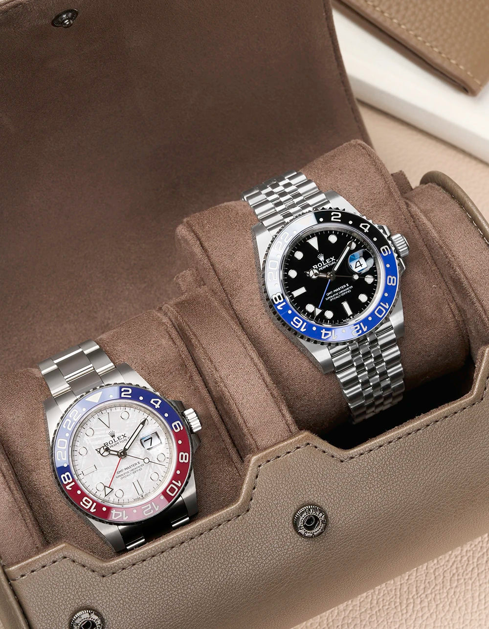 Close up on 2 Slot Watch Roll in taupe