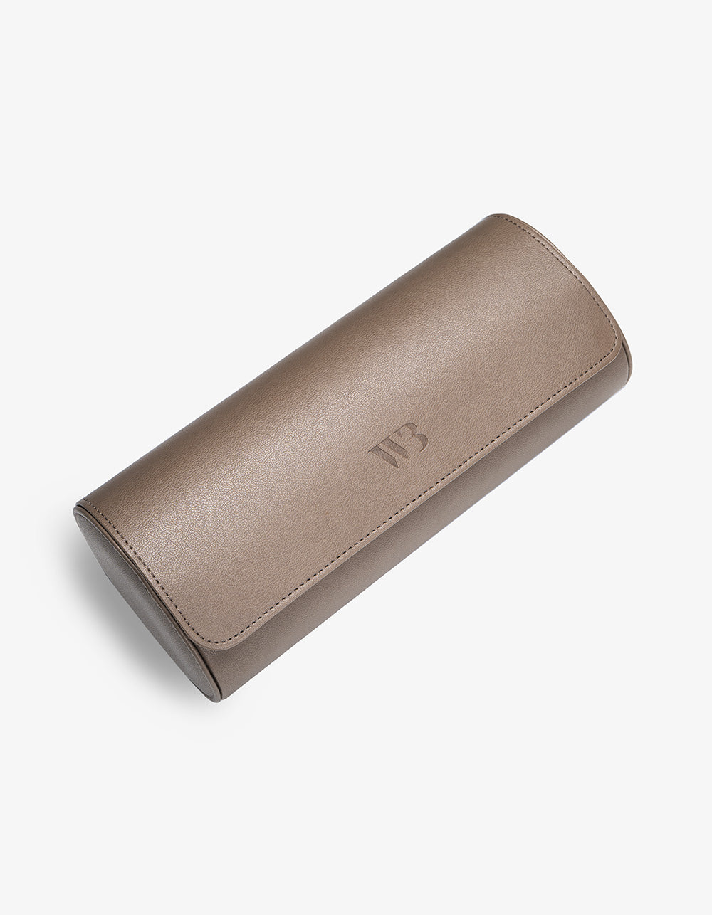 Beige watch roll case with a logo on a white background