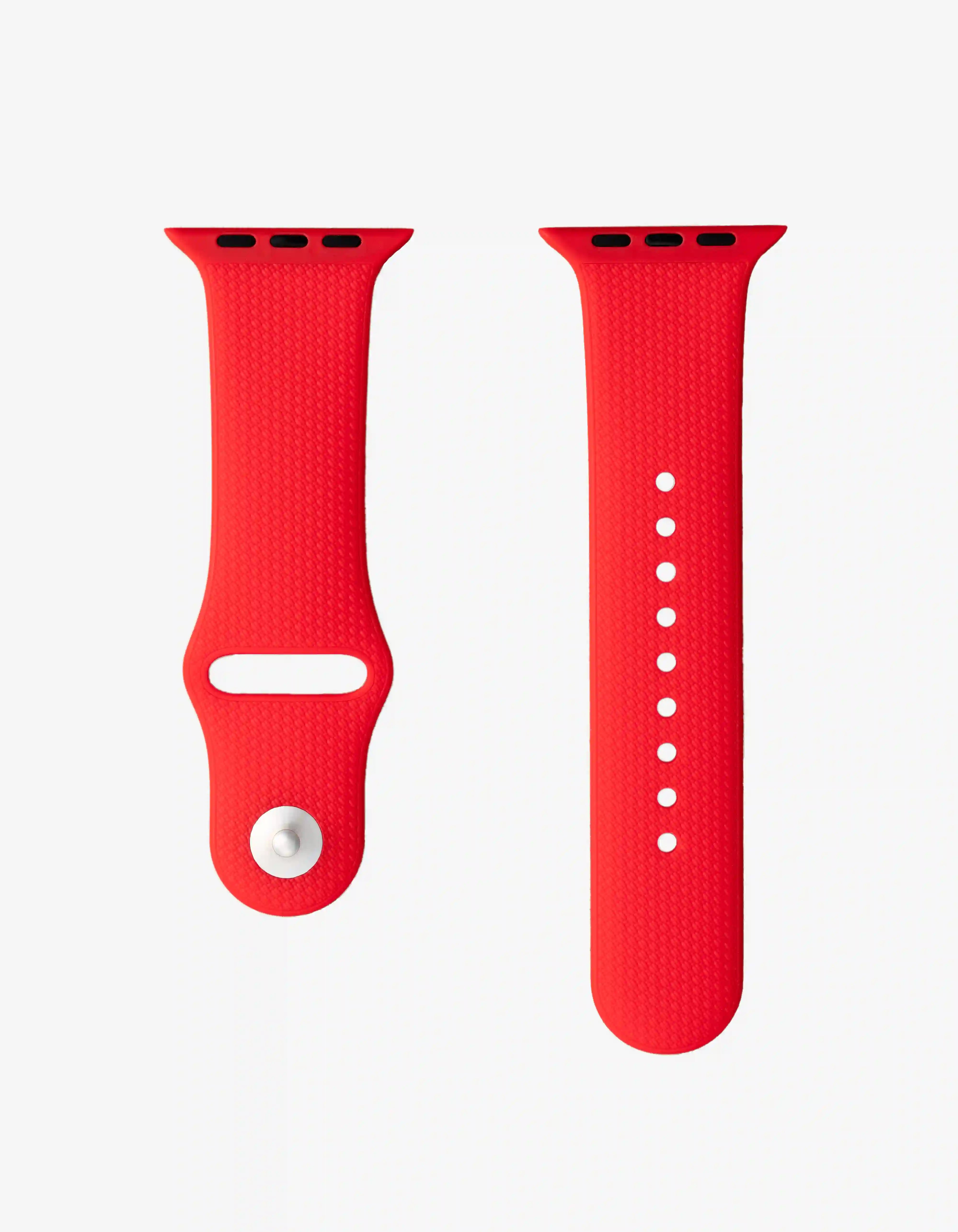 Two red watch straps on a white background