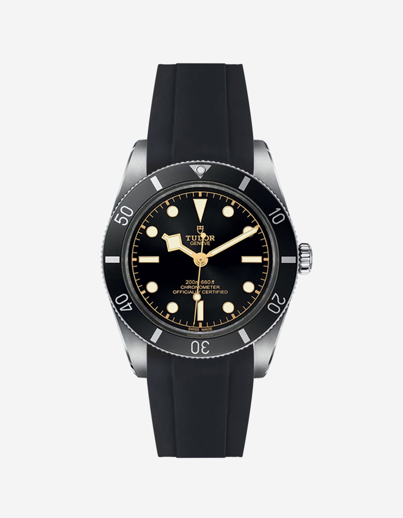 Black rubber strap integrated with the Tudor Black Bay 54 watch