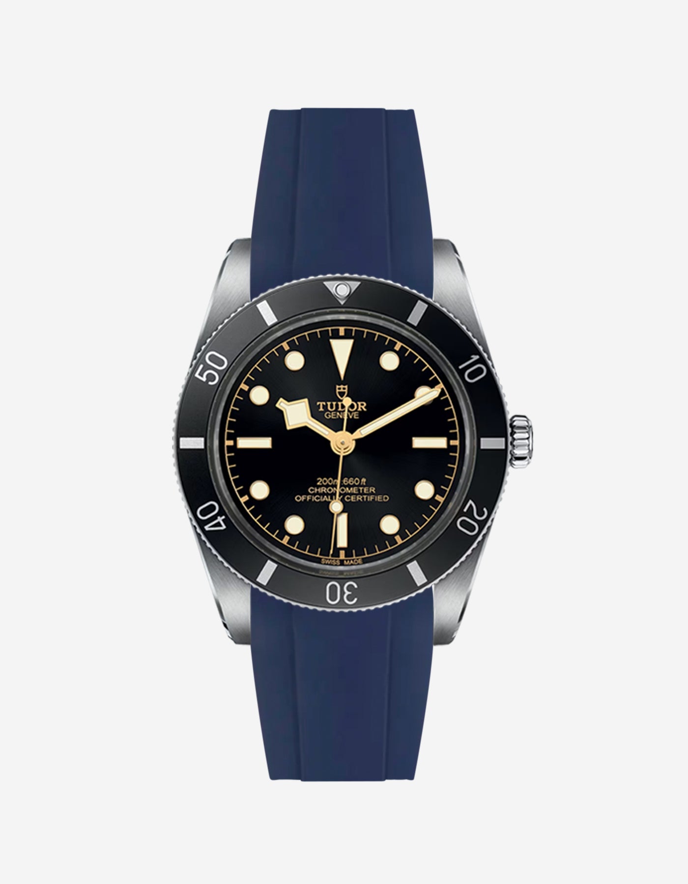 Navy blue rubber strap integrated with the Tudor Black Bay 54 watch
