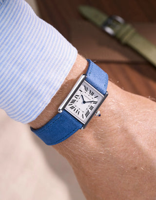 Baltic Blue suede strap on Cartier Tank watch | elegant suede leather band styled with silver rectangular case