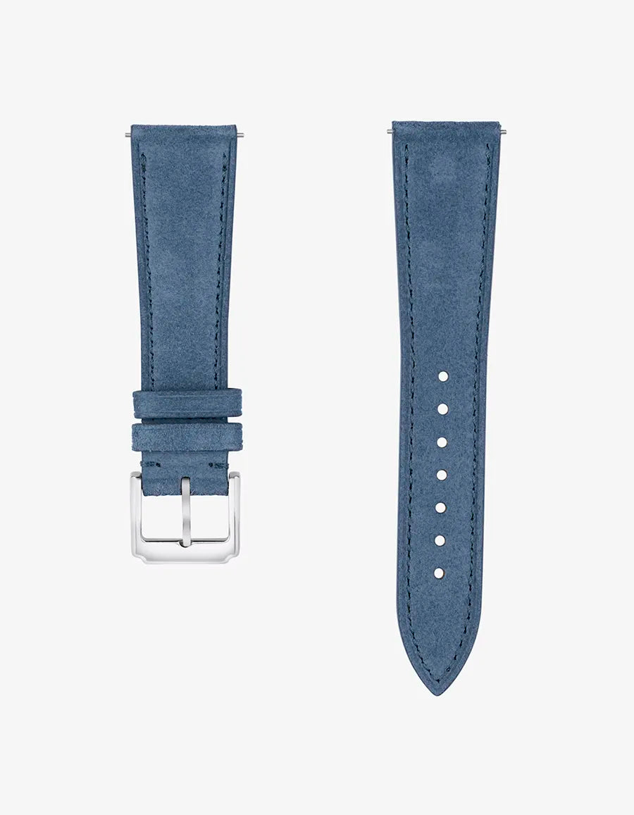 Baltic Blue suede leather watch strap with 316L stainless steel clasp | flat lay product image