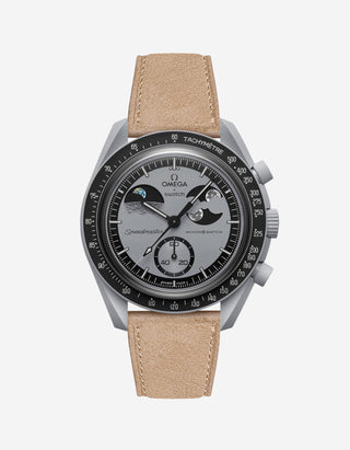 Omega X Swatch Mission to Earthphase with Beige suede leather strap mounted on watch – front view