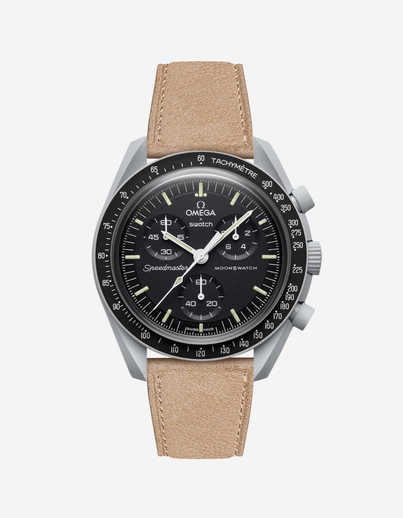 Omega X Swatch Mission to the Moon with Beige suede leather strap mounted on watch – front view