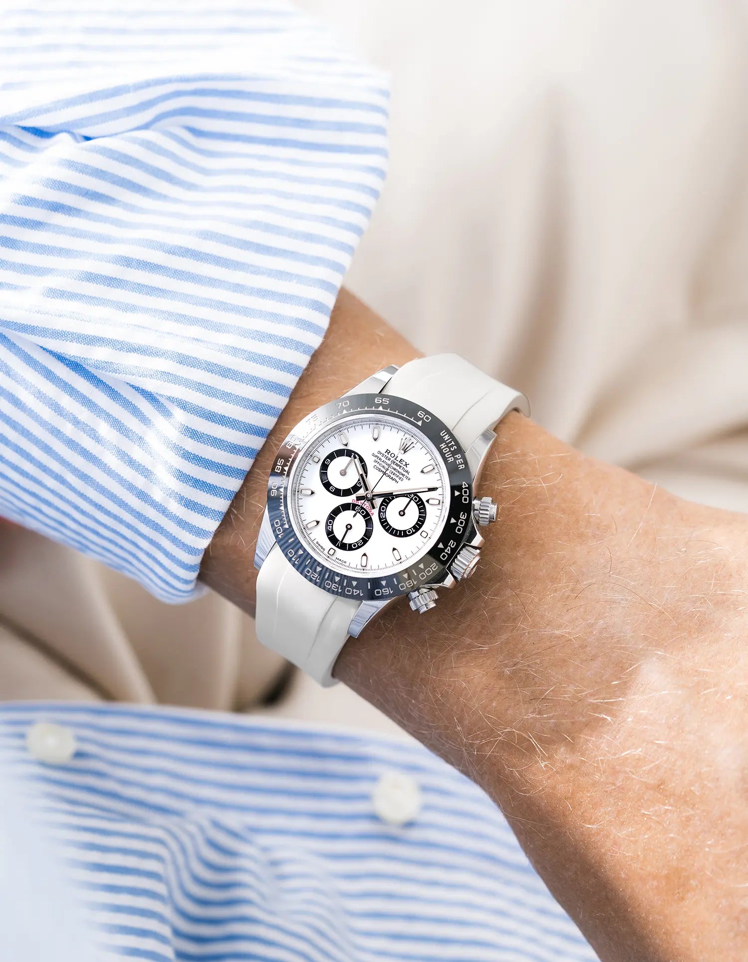 Beige FKM Rubber Strap Integrated for Original Clasp - Rolex Daytona 116500 wrist shot with blue and white shirt
