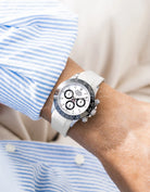 Beige FKM Rubber Strap Integrated for Original Clasp - Rolex Daytona 116500 wrist shot with blue and white shirt