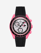 Pink and black watch with detailed face on a white background