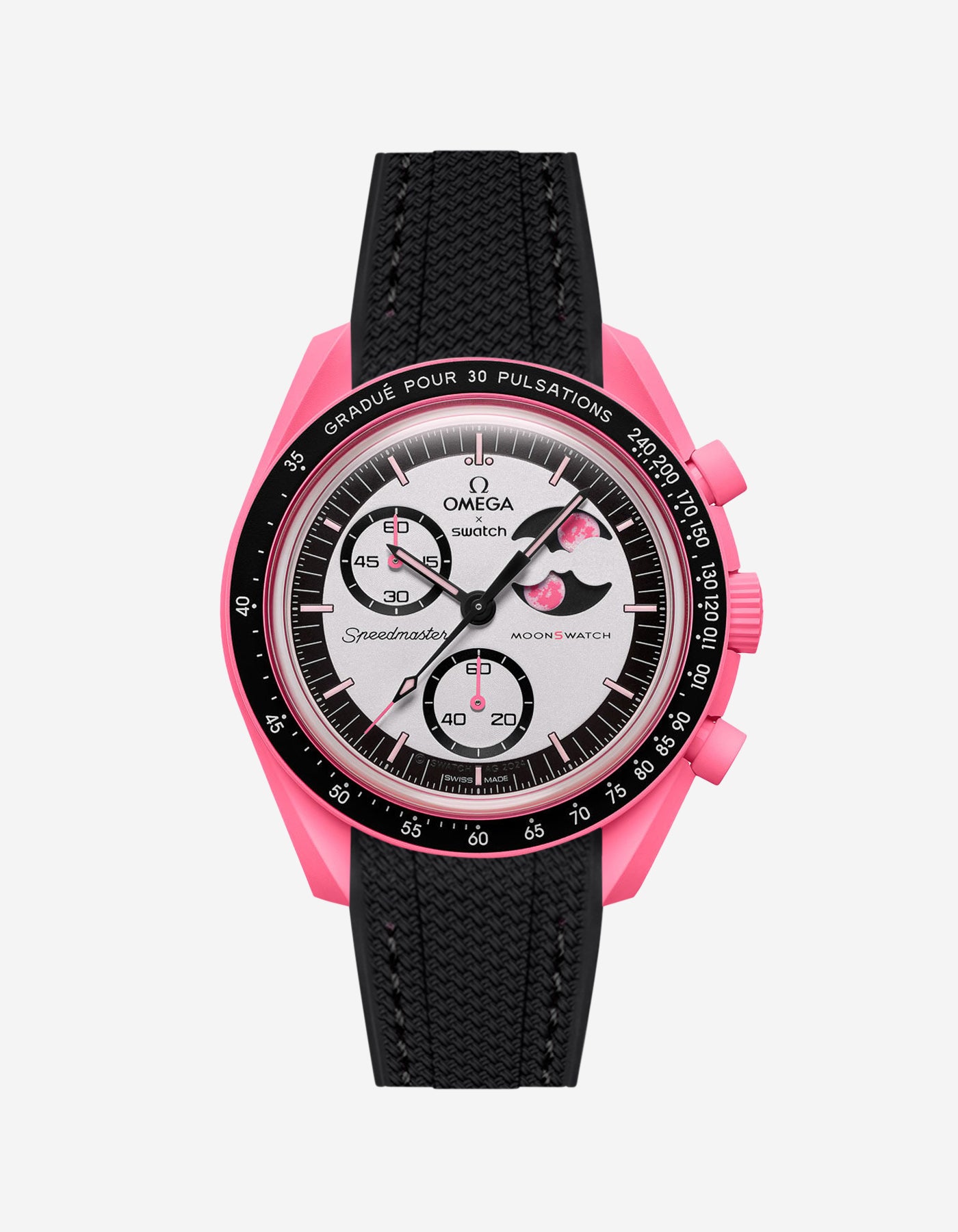Pink and black watch with detailed face on a white background