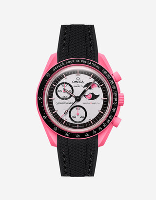Pink and black watch with detailed face on a white background