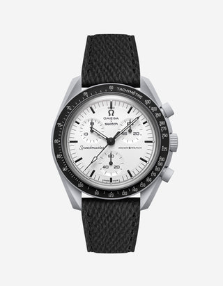 Black epsom suede leather strap on Omega X Swatch MoonSwatch 1965 | front view