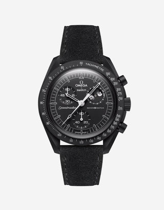 Omega X Swatch Mission to the Moonphase New Moon with Black suede leather strap mounted on watch – front view