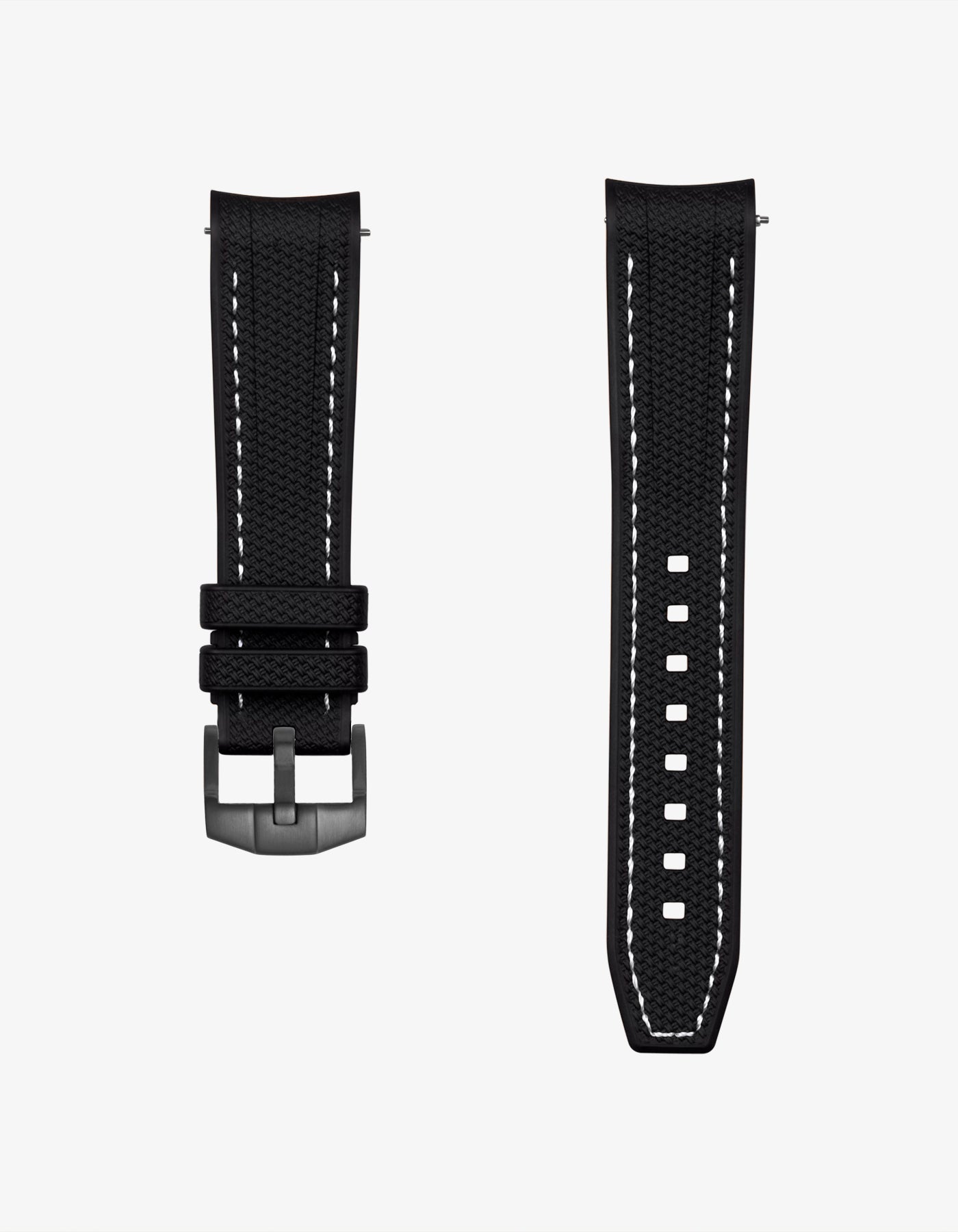 Black watch strap with white stitching Omega Speedmaster on a white background with vertech pattern