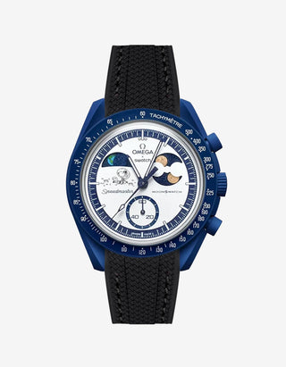 Black rubber strap designed for the Omega x Swatch MoonSwatch Mission to Earthphase Moonshine Gold