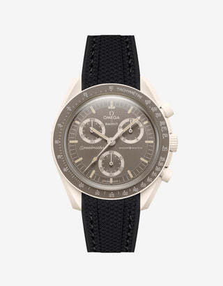Black rubber watch strap for the Omega x Swatch MoonSwatch Mission on Earth – Desert, shown fitted on the watch