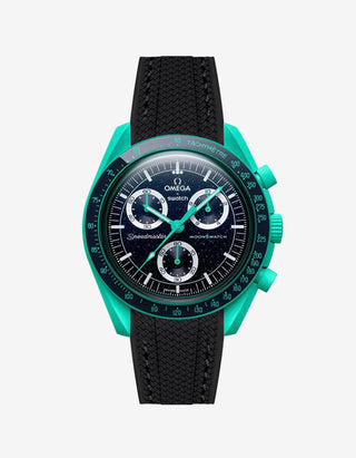 Black rubber watch strap for the Omega x Swatch MoonSwatch Mission on Earth – Polar Lights, shown fitted on the watch