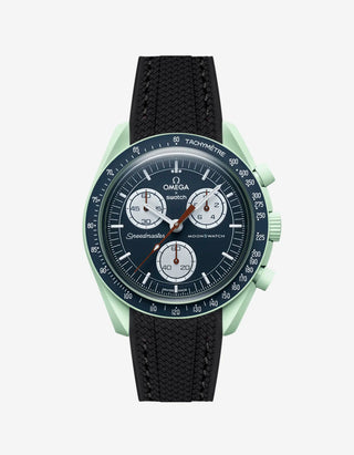 Black rubber watch strap for the Omega x Swatch MoonSwatch Mission on Earth, shown fitted on the watch