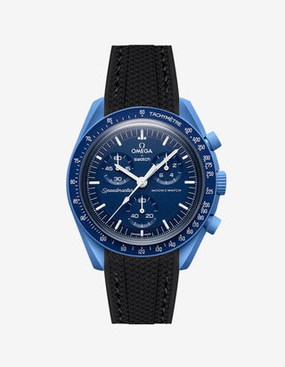 Black rubber watch strap for the Omega x Swatch MoonSwatch Mission to Neptune, shown fitted on the watch