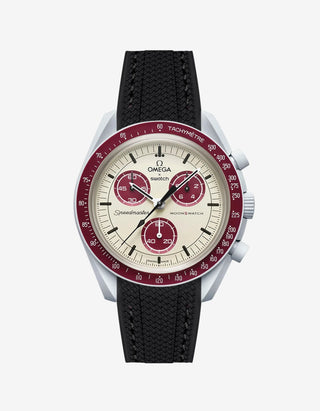 Black rubber watch strap for the Omega x Swatch MoonSwatch Mission to Pluto, shown fitted on the watch