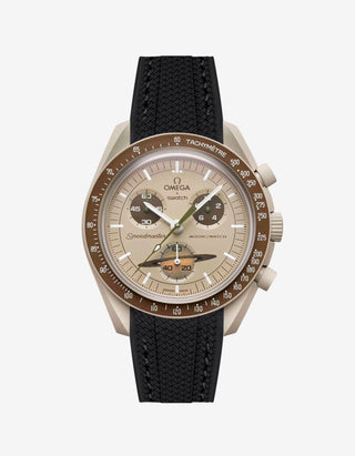 Black rubber watch strap for the Omega x Swatch MoonSwatch Mission to Saturn, shown fitted on the watch