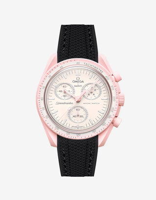 Black rubber watch strap for the Omega x Swatch MoonSwatch Mission to Venus, shown fitted on the watch