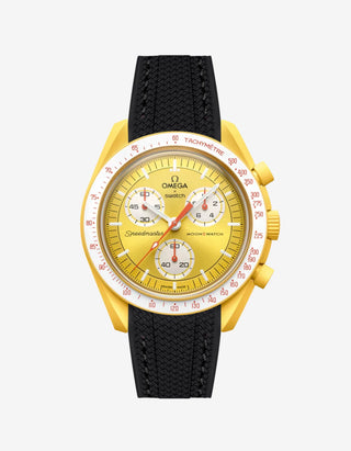 Black rubber watch strap for the Omega x Swatch MoonSwatch Mission to the Sun, shown fitted on the watch