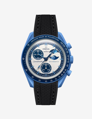 Black rubber watch strap for the Omega x Swatch MoonSwatch Mission to the Super Blue Moonphase, shown fitted on the watch⠋
