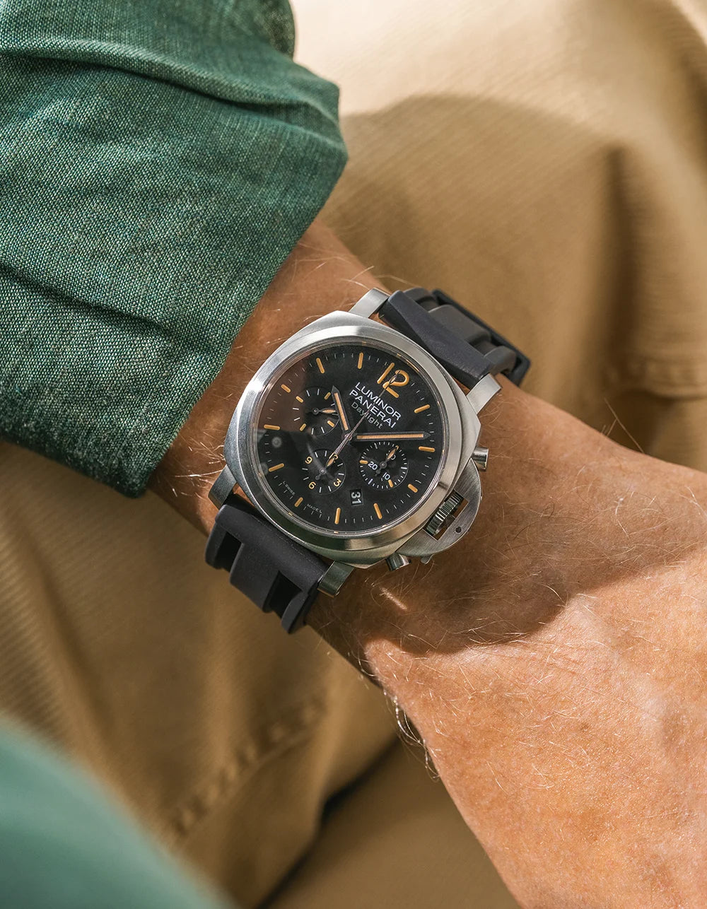Black Universal FKM Rubber Strap wrist shot on Panerai Luminor