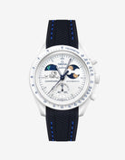 Black and blue Rubber Strap on Omega x Swatch MoonSwatch Mission To Earthphase - Moonshine Gold Cold Moon
