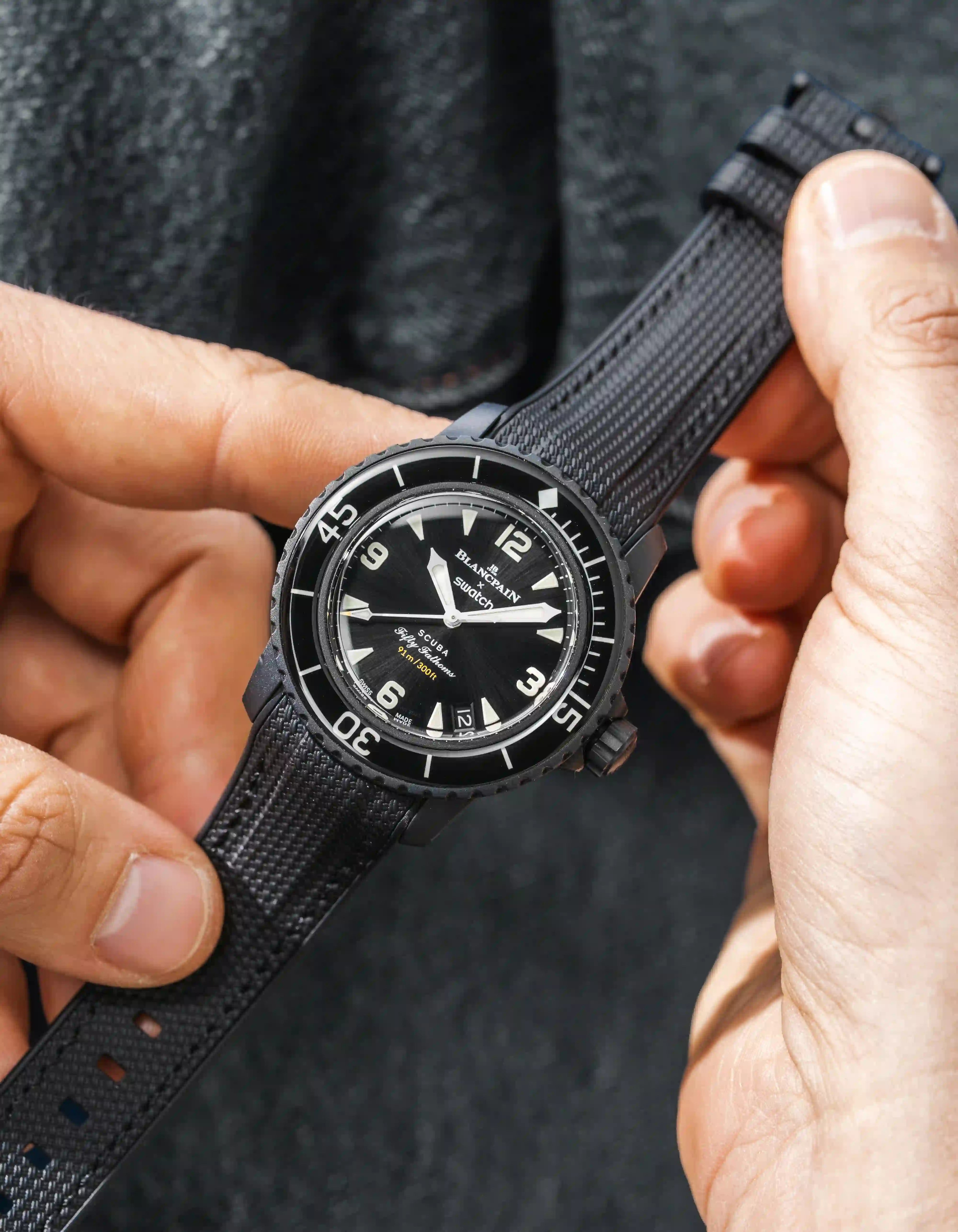 Black Vertech Rubber Strap for Blancpain X Swatch The Ocean Of Storms - flat lay with black background